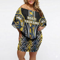 Aotearoa Ngati Raukawa Off Shoulder Short Dress Maori Tribal Yellow And Navy Paua Shell Pattern