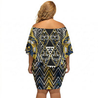 Aotearoa Ngati Raukawa Off Shoulder Short Dress Maori Tribal Yellow And Navy Paua Shell Pattern
