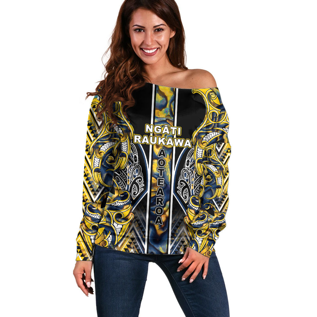 Aotearoa Ngati Raukawa Off Shoulder Sweater Maori Tribal Yellow And Navy Paua Shell Pattern DT05 Women Yellow - Polynesian Pride