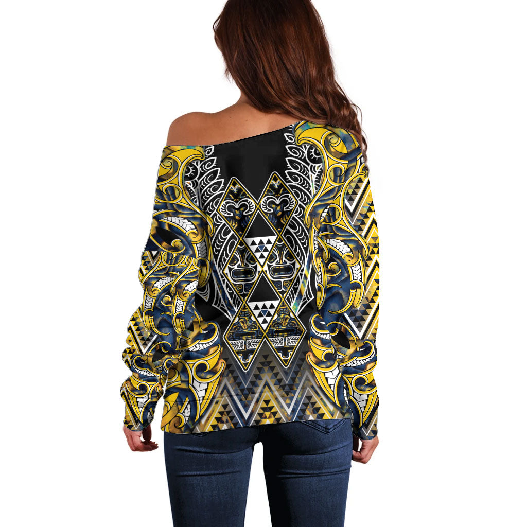 Aotearoa Ngati Raukawa Off Shoulder Sweater Maori Tribal Yellow And Navy Paua Shell Pattern