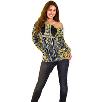 Aotearoa Ngati Raukawa Off Shoulder Sweater Maori Tribal Yellow And Navy Paua Shell Pattern
