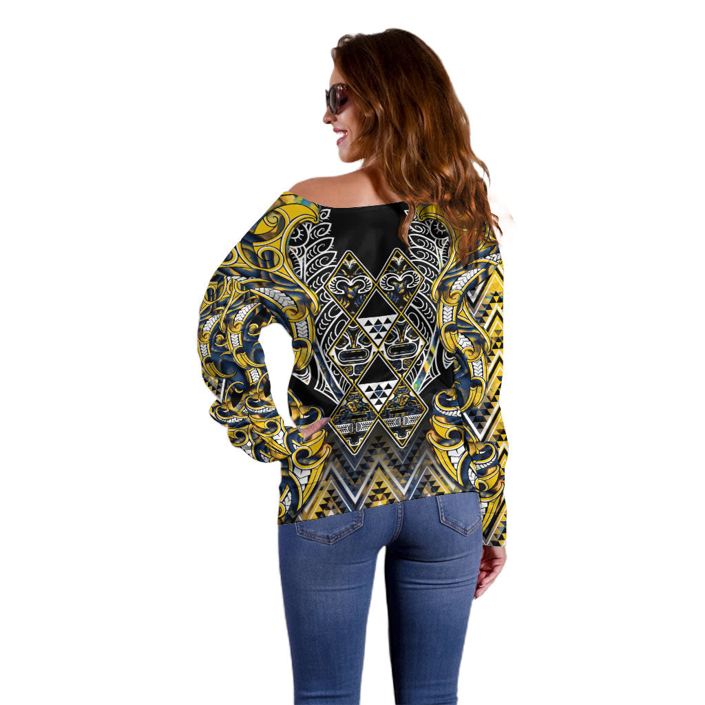Aotearoa Ngati Raukawa Off Shoulder Sweater Maori Tribal Yellow And Navy Paua Shell Pattern