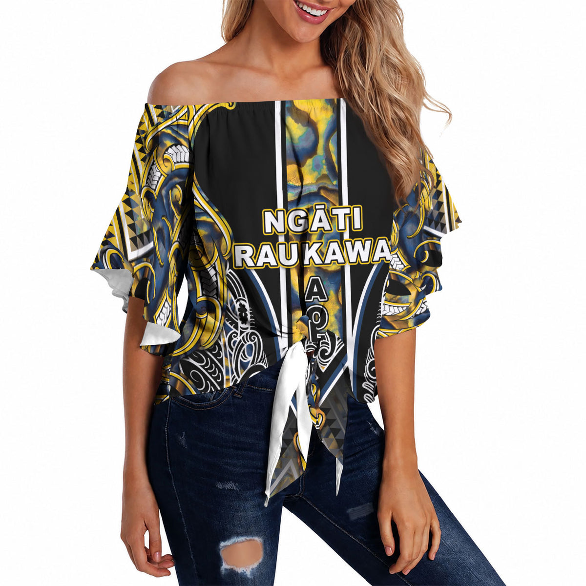 Aotearoa Ngati Raukawa Off Shoulder Wrap Waist Top Maori Tribal Yellow And Navy Paua Shell Pattern