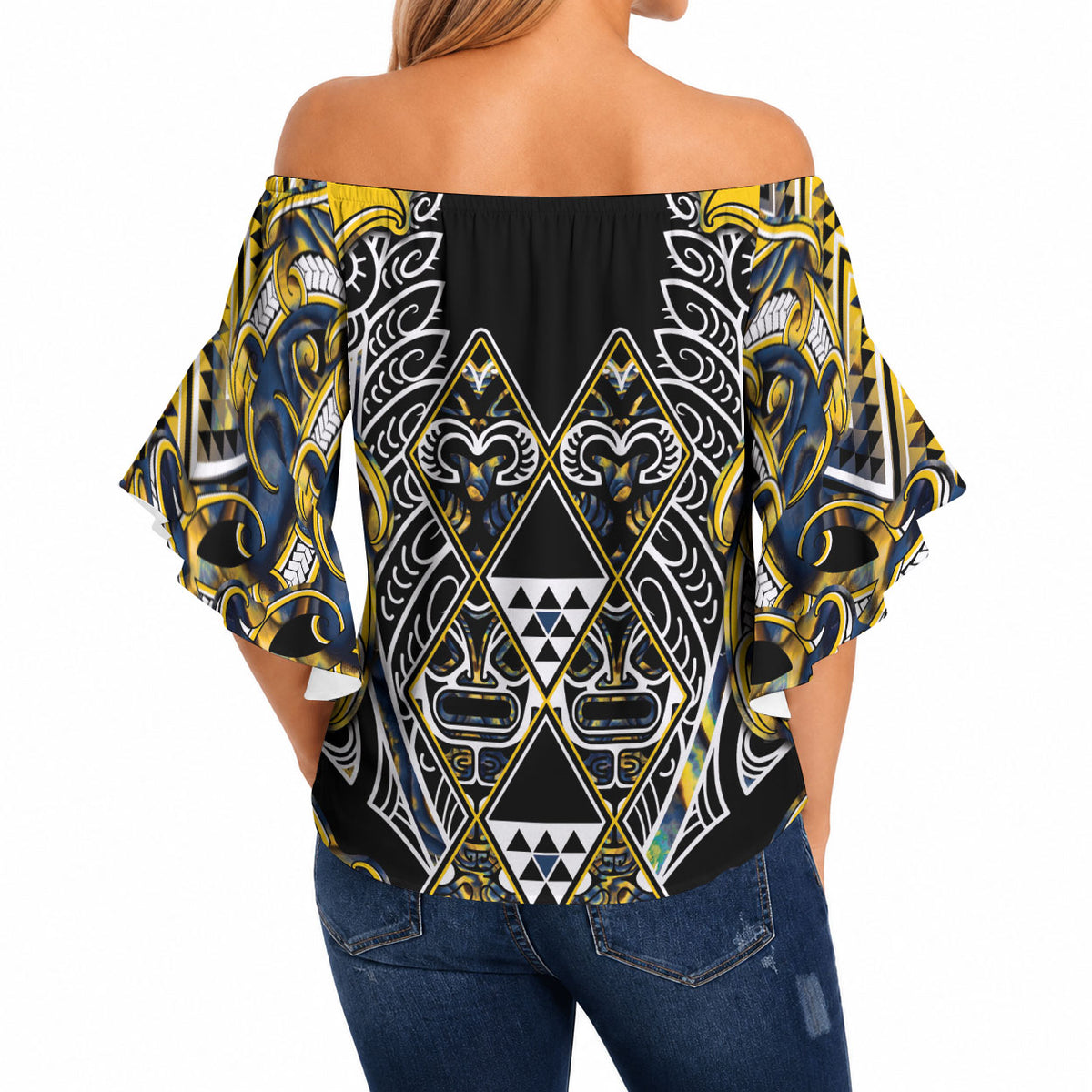 Aotearoa Ngati Raukawa Off Shoulder Wrap Waist Top Maori Tribal Yellow And Navy Paua Shell Pattern