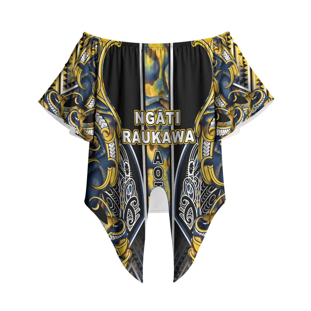 Aotearoa Ngati Raukawa Off Shoulder Wrap Waist Top Maori Tribal Yellow And Navy Paua Shell Pattern
