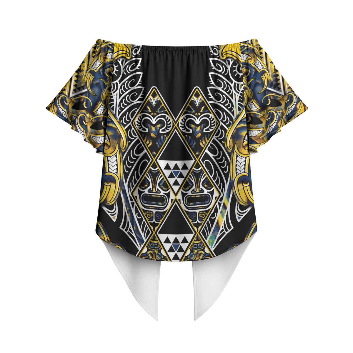 Aotearoa Ngati Raukawa Off Shoulder Wrap Waist Top Maori Tribal Yellow And Navy Paua Shell Pattern