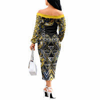 Aotearoa Ngati Raukawa Off The Shoulder Long Sleeve Dress Maori Tribal Yellow And Navy Paua Shell Pattern