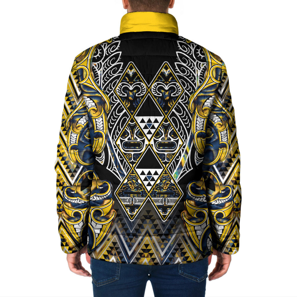 Aotearoa Ngati Raukawa Padded Jacket Maori Tribal Yellow And Navy Paua Shell Pattern