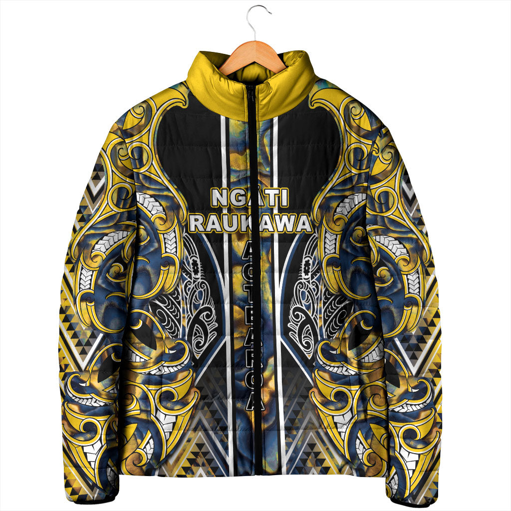 Aotearoa Ngati Raukawa Padded Jacket Maori Tribal Yellow And Navy Paua Shell Pattern