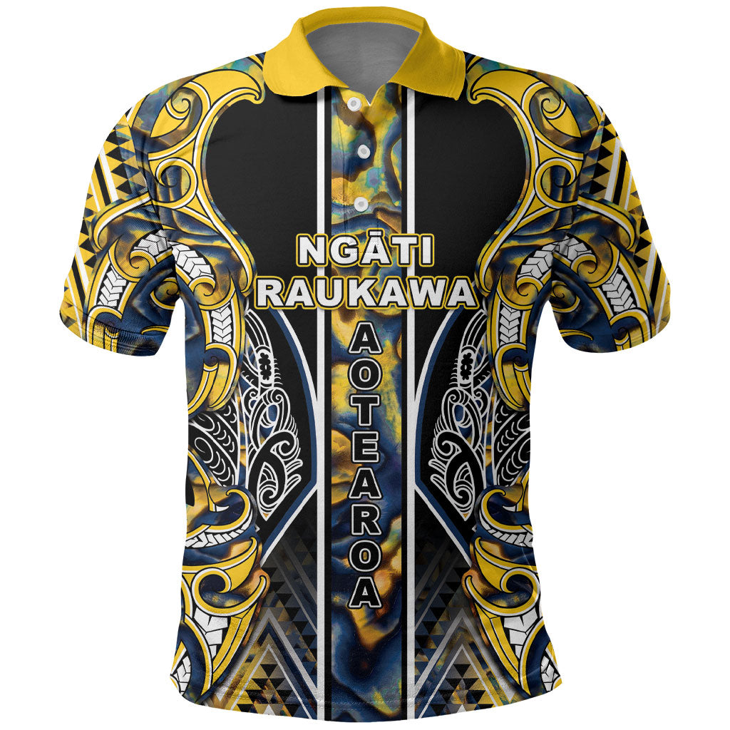 Aotearoa Ngati Raukawa Polo Shirt Maori Tribal Yellow And Navy Paua Shell Pattern