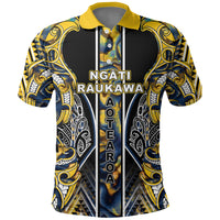 Aotearoa Ngati Raukawa Polo Shirt Maori Tribal Yellow And Navy Paua Shell Pattern