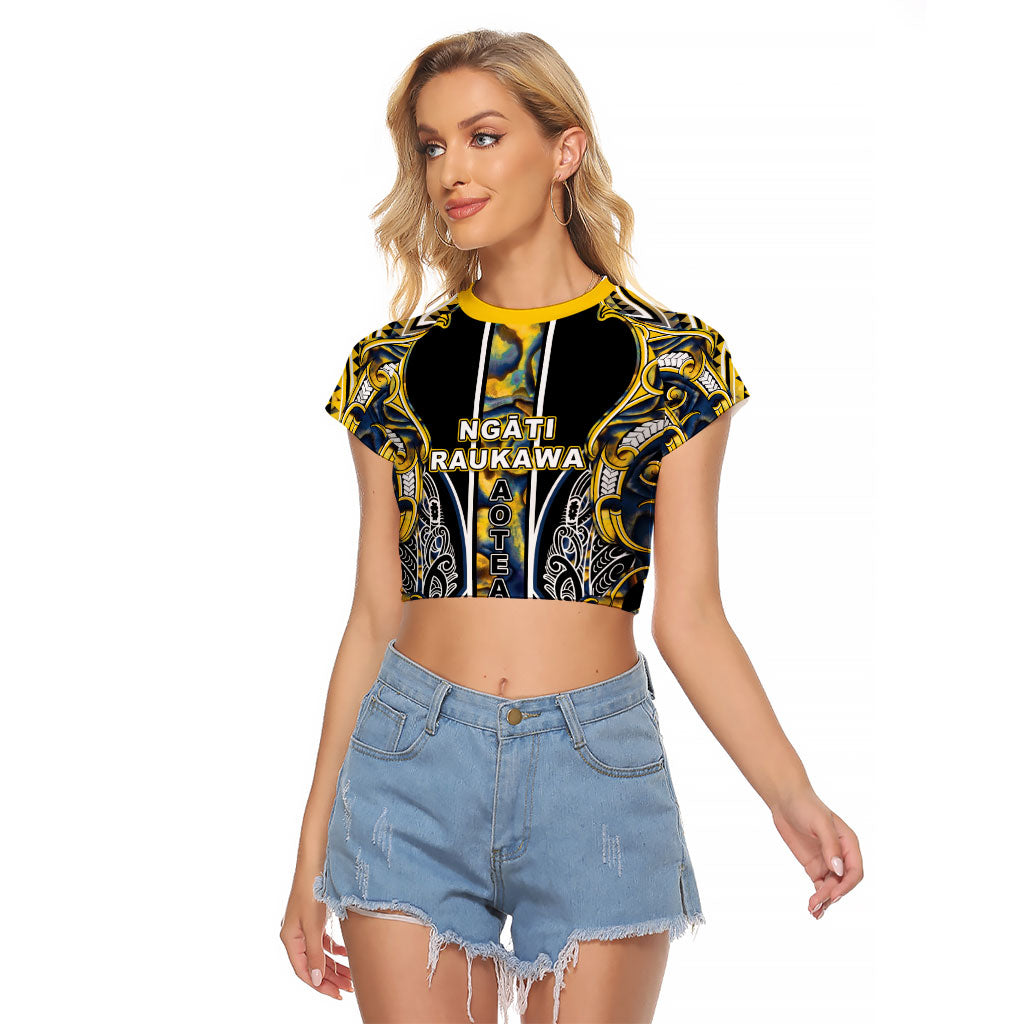 Aotearoa Ngati Raukawa Raglan Cropped T Shirt Maori Tribal Yellow And Navy Paua Shell Pattern