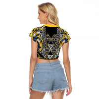 Aotearoa Ngati Raukawa Raglan Cropped T Shirt Maori Tribal Yellow And Navy Paua Shell Pattern