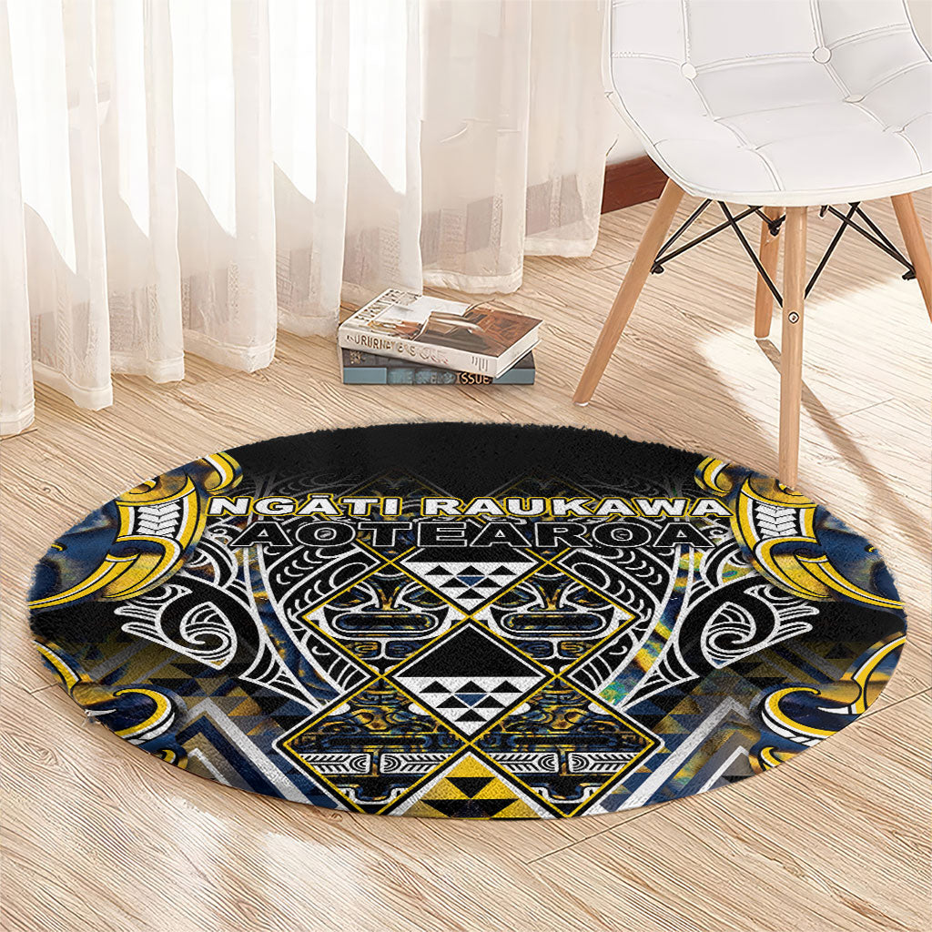 Aotearoa Ngati Raukawa Round Carpet Maori Tribal Yellow And Navy Paua Shell Pattern