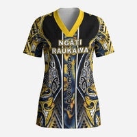 Aotearoa Ngati Raukawa Scrub Top Maori Tribal Yellow And Navy Paua Shell Pattern