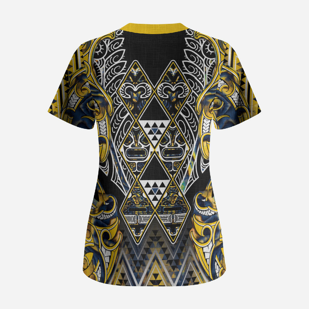 Aotearoa Ngati Raukawa Scrub Top Maori Tribal Yellow And Navy Paua Shell Pattern
