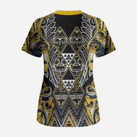 Aotearoa Ngati Raukawa Scrub Top Maori Tribal Yellow And Navy Paua Shell Pattern