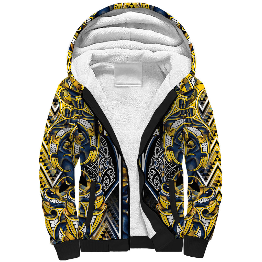 Aotearoa Ngati Raukawa Sherpa Hoodie Maori Tribal Yellow And Navy Paua Shell Pattern
