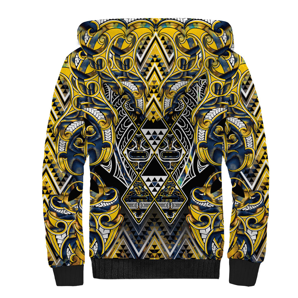 Aotearoa Ngati Raukawa Sherpa Hoodie Maori Tribal Yellow And Navy Paua Shell Pattern