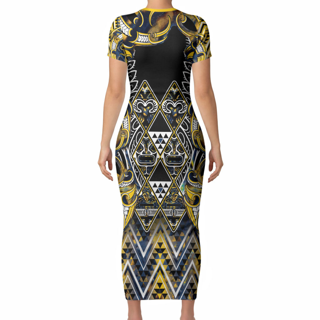 Aotearoa Ngati Raukawa Short Sleeve Bodycon Dress Maori Tribal Yellow And Navy Paua Shell Pattern