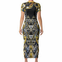 Aotearoa Ngati Raukawa Short Sleeve Bodycon Dress Maori Tribal Yellow And Navy Paua Shell Pattern