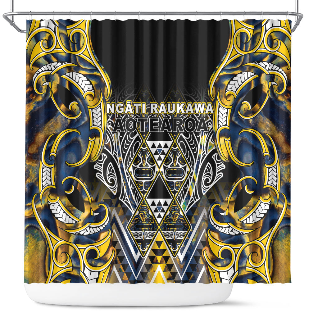 Aotearoa Ngati Raukawa Shower Curtain Maori Tribal Yellow And Navy Paua Shell Pattern