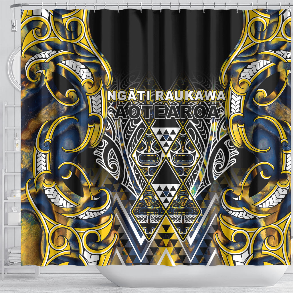 Aotearoa Ngati Raukawa Shower Curtain Maori Tribal Yellow And Navy Paua Shell Pattern