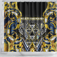 Aotearoa Ngati Raukawa Shower Curtain Maori Tribal Yellow And Navy Paua Shell Pattern