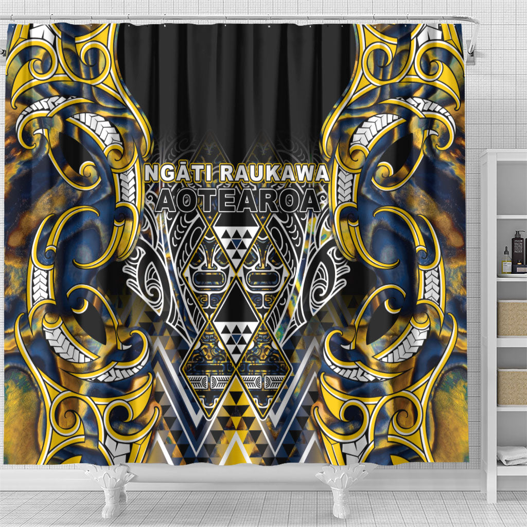 Aotearoa Ngati Raukawa Shower Curtain Maori Tribal Yellow And Navy Paua Shell Pattern