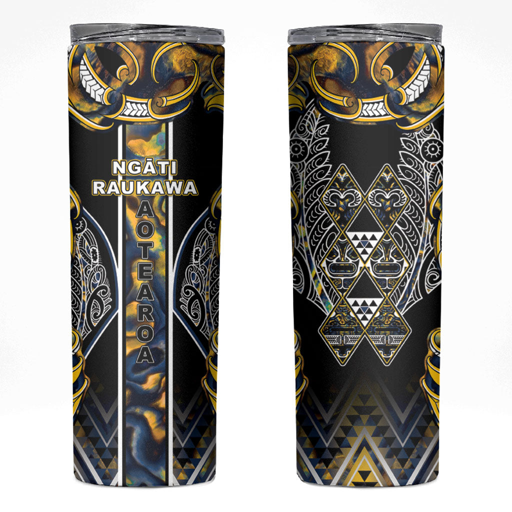 Aotearoa Ngati Raukawa Skinny Tumbler Maori Tribal Yellow And Navy Paua Shell Pattern