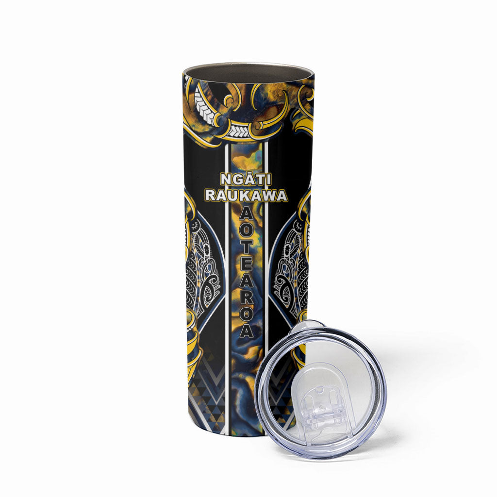 Aotearoa Ngati Raukawa Skinny Tumbler Maori Tribal Yellow And Navy Paua Shell Pattern
