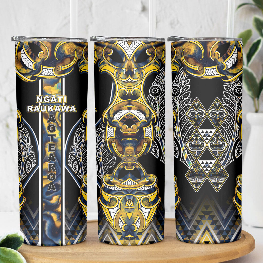 Aotearoa Ngati Raukawa Skinny Tumbler Maori Tribal Yellow And Navy Paua Shell Pattern