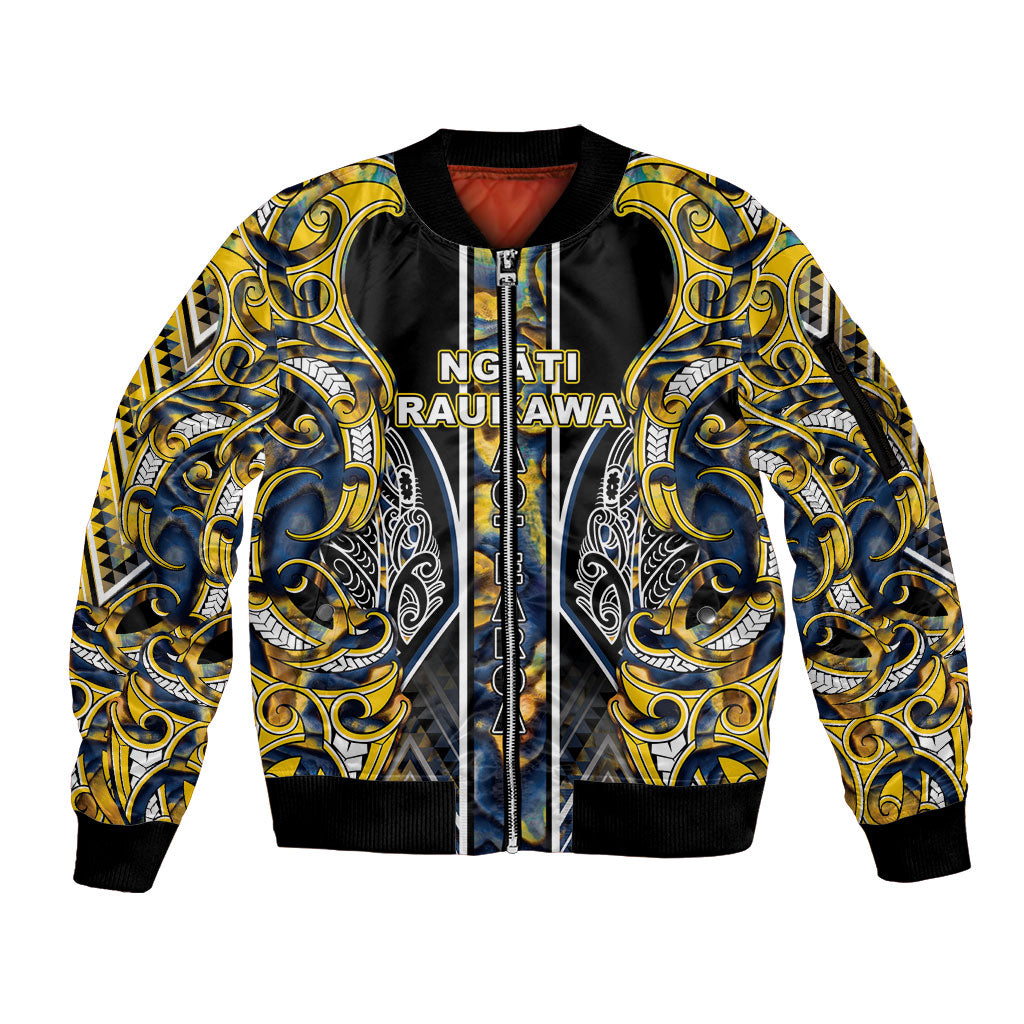 Aotearoa Ngati Raukawa Sleeve Zip Bomber Jacket Maori Tribal Yellow And Navy Paua Shell Pattern