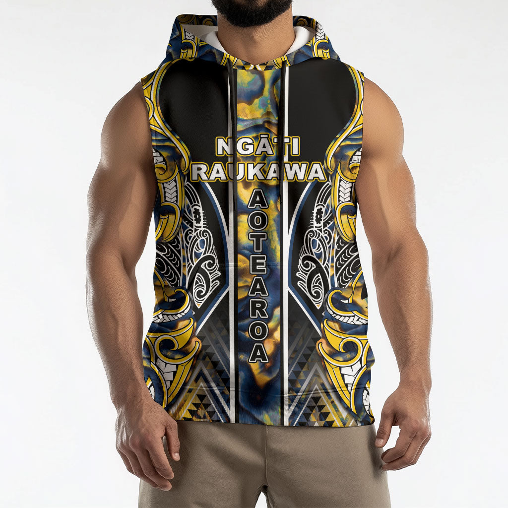 Aotearoa Ngati Raukawa Sleeveless Hoodie Maori Tribal Yellow And Navy Paua Shell Pattern