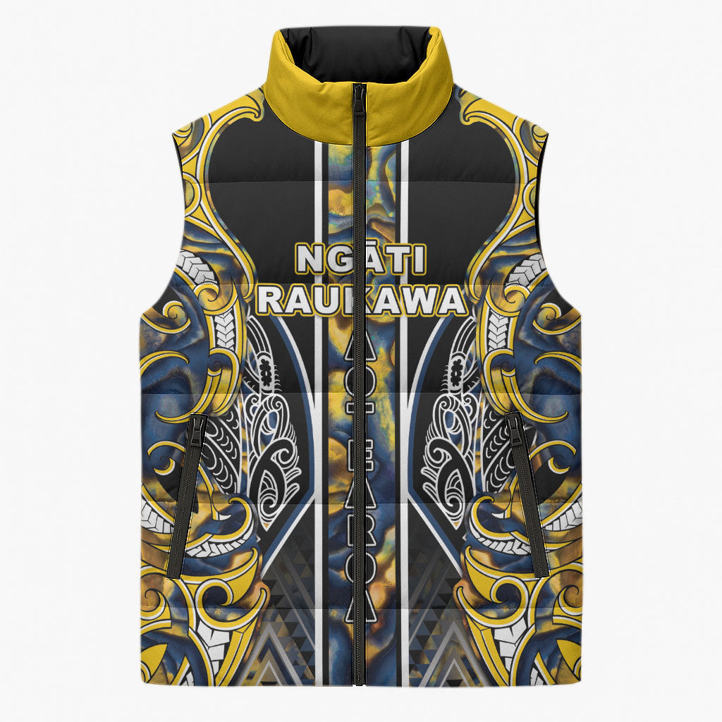Aotearoa Ngati Raukawa Sleeveless Puffer Jacket Maori Tribal Yellow And Navy Paua Shell Pattern DT05 Unisex Yellow - Polynesian Pride