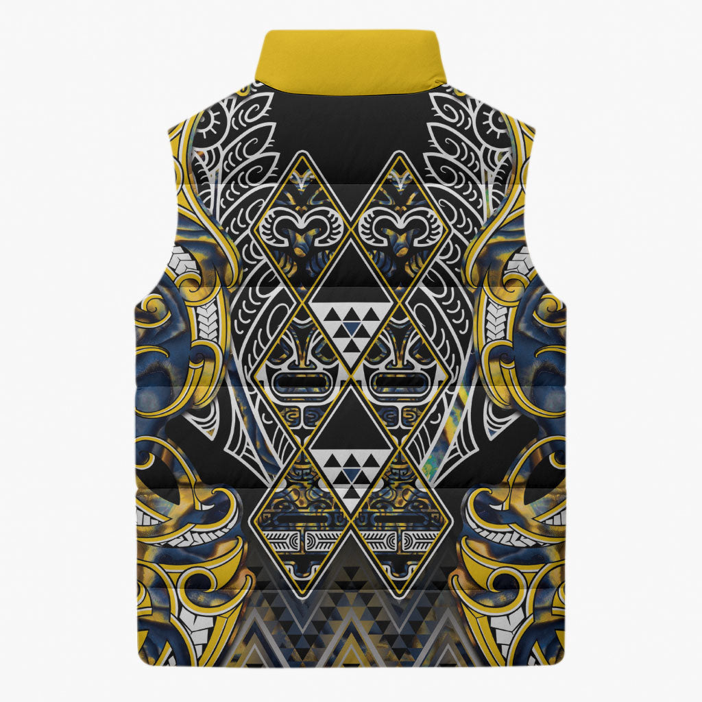 Aotearoa Ngati Raukawa Sleeveless Puffer Jacket Maori Tribal Yellow And Navy Paua Shell Pattern