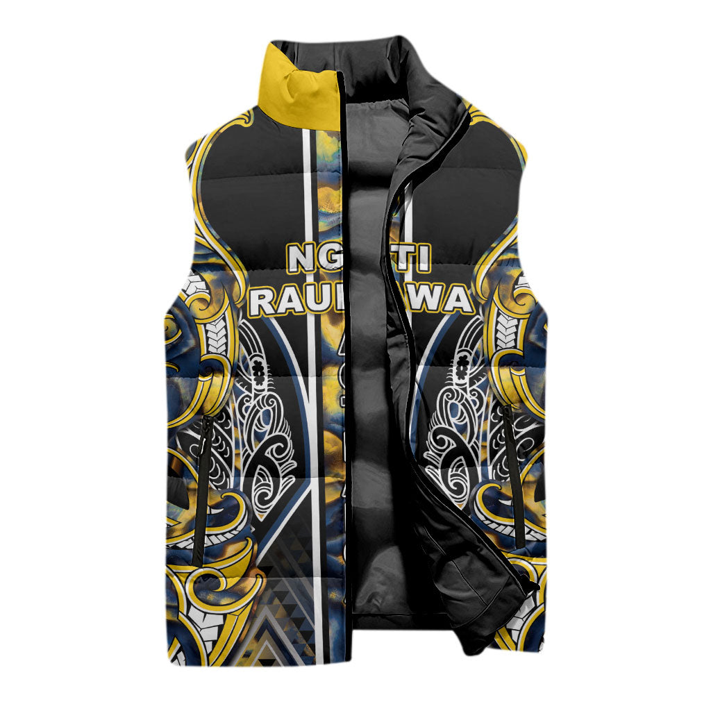 Aotearoa Ngati Raukawa Sleeveless Puffer Jacket Maori Tribal Yellow And Navy Paua Shell Pattern