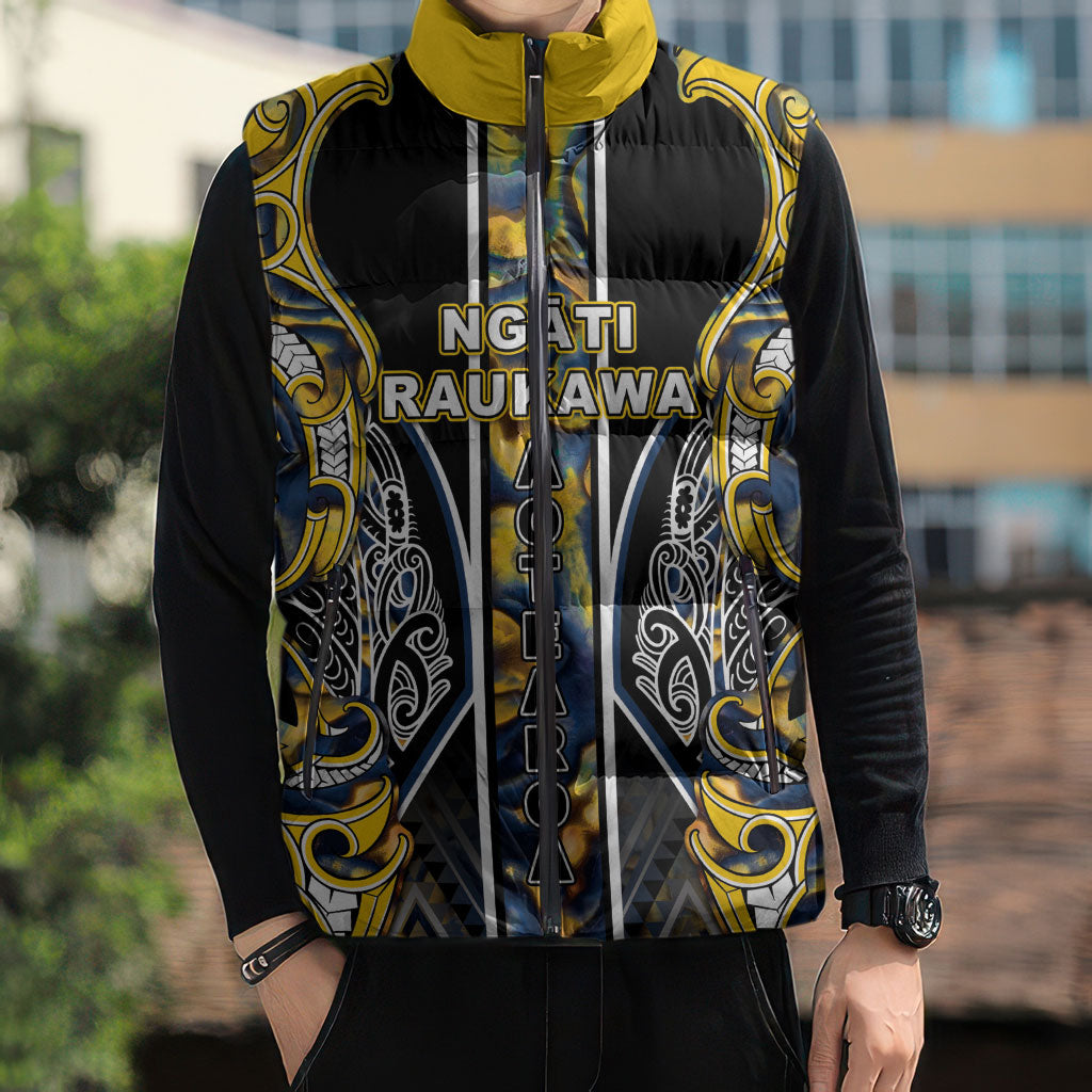 Aotearoa Ngati Raukawa Sleeveless Puffer Jacket Maori Tribal Yellow And Navy Paua Shell Pattern