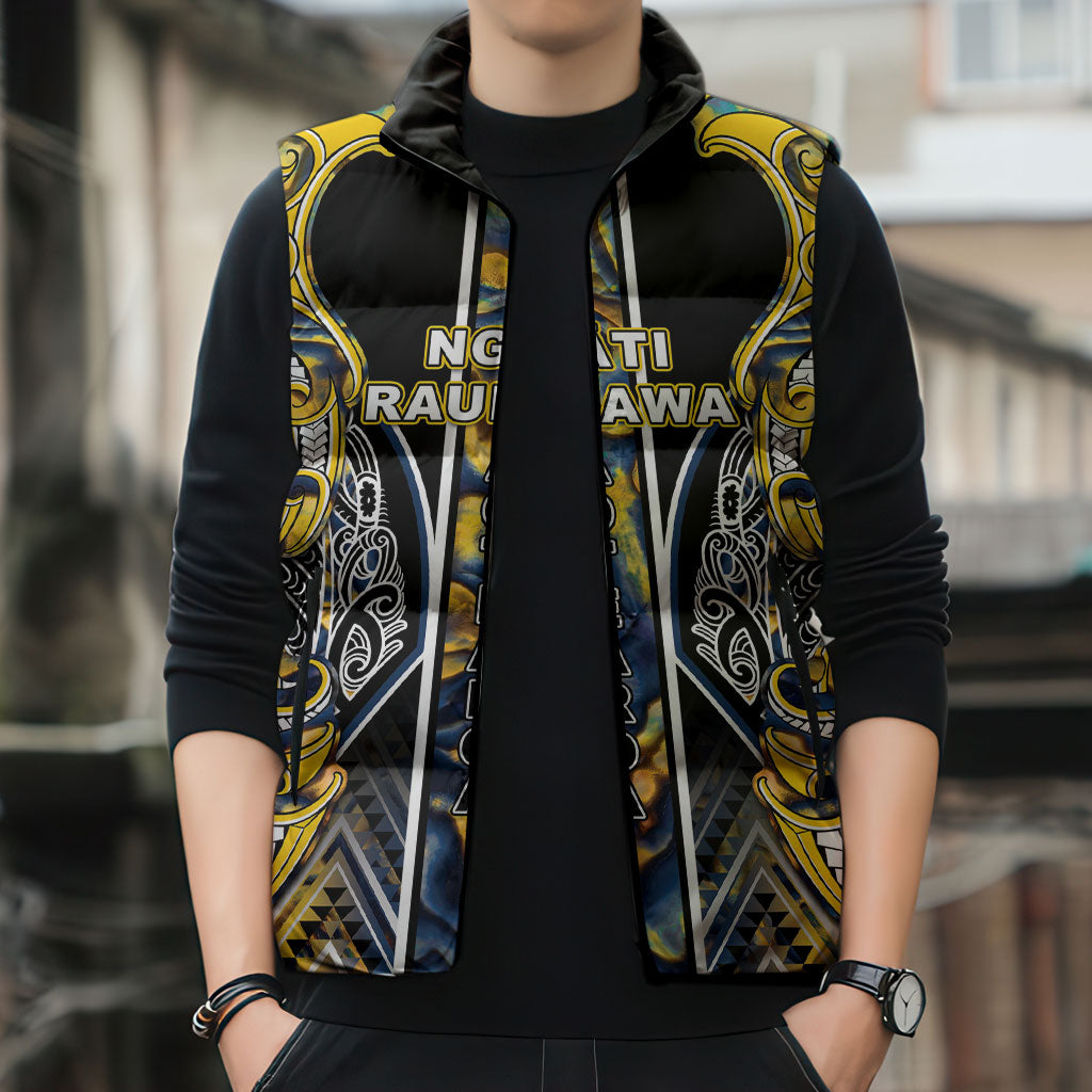 Aotearoa Ngati Raukawa Sleeveless Puffer Jacket Maori Tribal Yellow And Navy Paua Shell Pattern