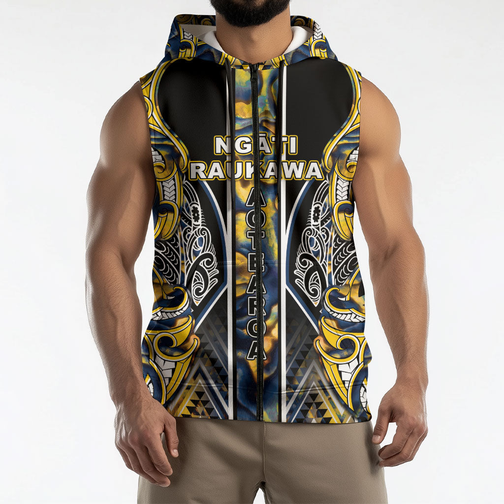 Aotearoa Ngati Raukawa Sleeveless Zip Hoodie Maori Tribal Yellow And Navy Paua Shell Pattern