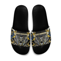 Aotearoa Ngati Raukawa Slide Sandals Maori Tribal Yellow And Navy Paua Shell Pattern
