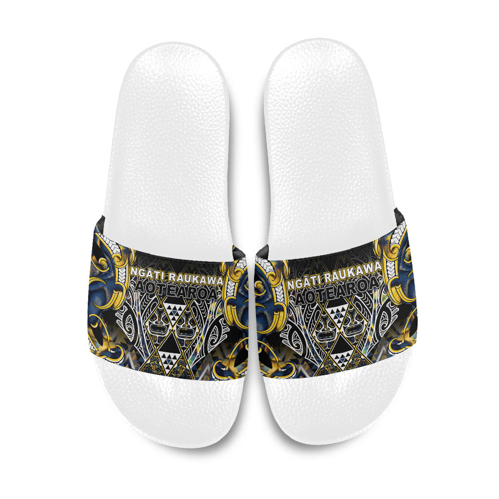 Aotearoa Ngati Raukawa Slide Sandals Maori Tribal Yellow And Navy Paua Shell Pattern