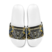 Aotearoa Ngati Raukawa Slide Sandals Maori Tribal Yellow And Navy Paua Shell Pattern