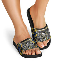 Aotearoa Ngati Raukawa Slide Sandals Maori Tribal Yellow And Navy Paua Shell Pattern