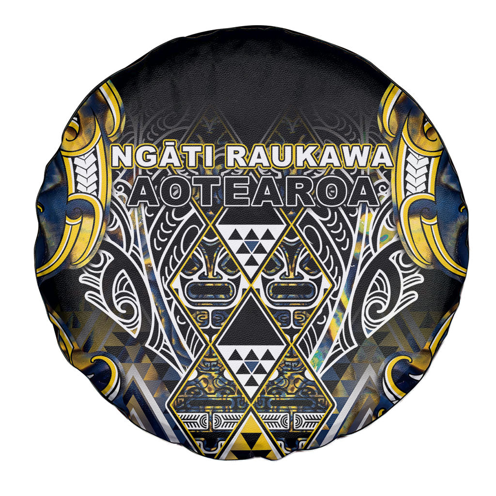 Aotearoa Ngati Raukawa Spare Tire Cover Maori Tribal Yellow And Navy Paua Shell Pattern
