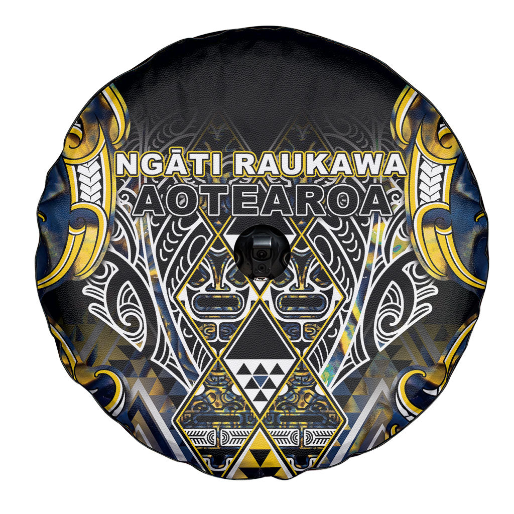 Aotearoa Ngati Raukawa Spare Tire Cover Maori Tribal Yellow And Navy Paua Shell Pattern