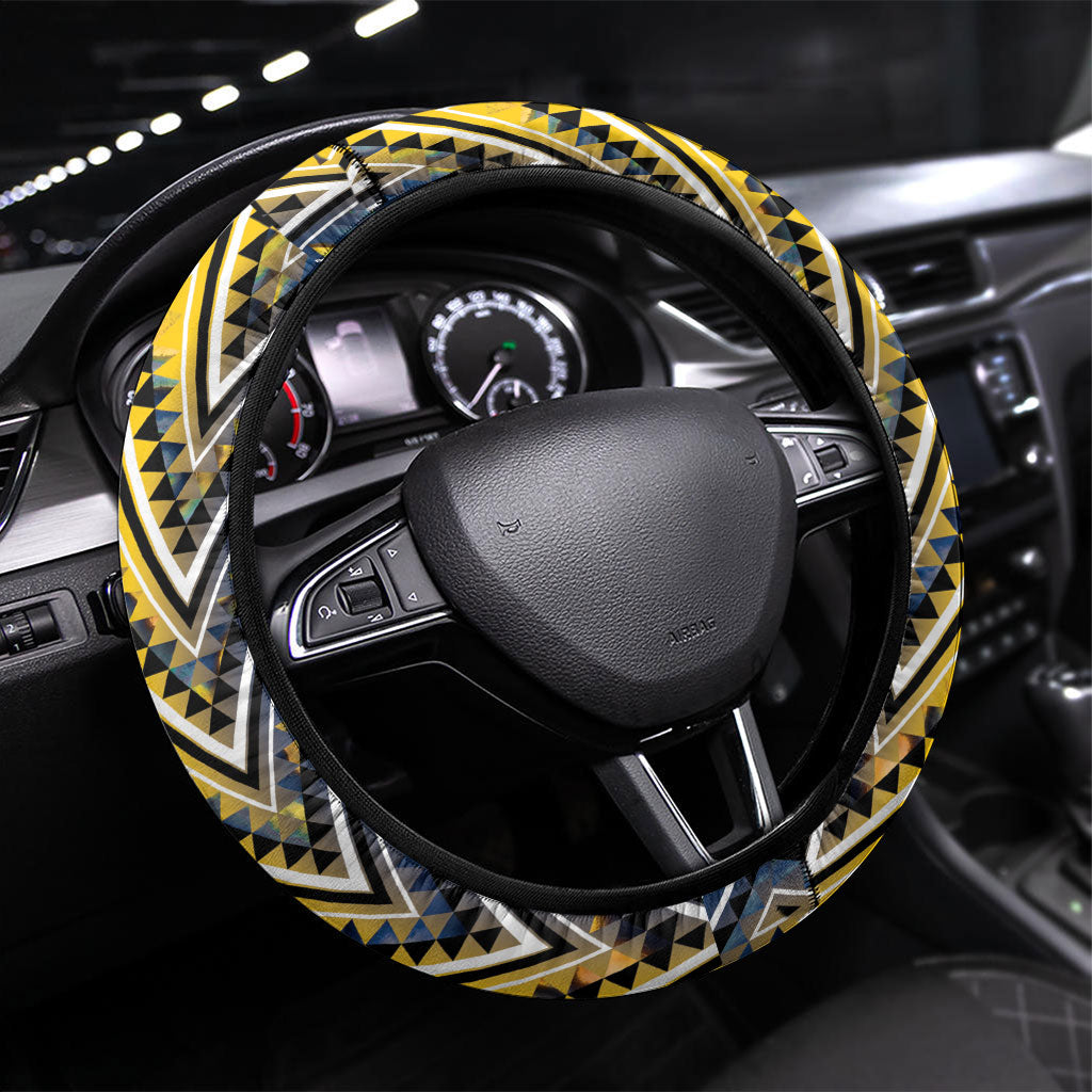 Aotearoa Ngati Raukawa Steering Wheel Cover Maori Tribal Yellow And Navy Paua Shell Pattern