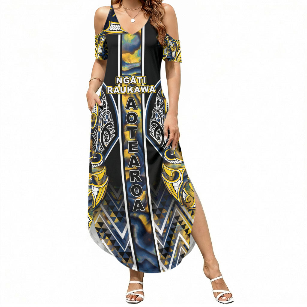Aotearoa Ngati Raukawa Summer Maxi Dress Maori Tribal Yellow And Navy Paua Shell Pattern