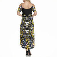 Aotearoa Ngati Raukawa Summer Maxi Dress Maori Tribal Yellow And Navy Paua Shell Pattern