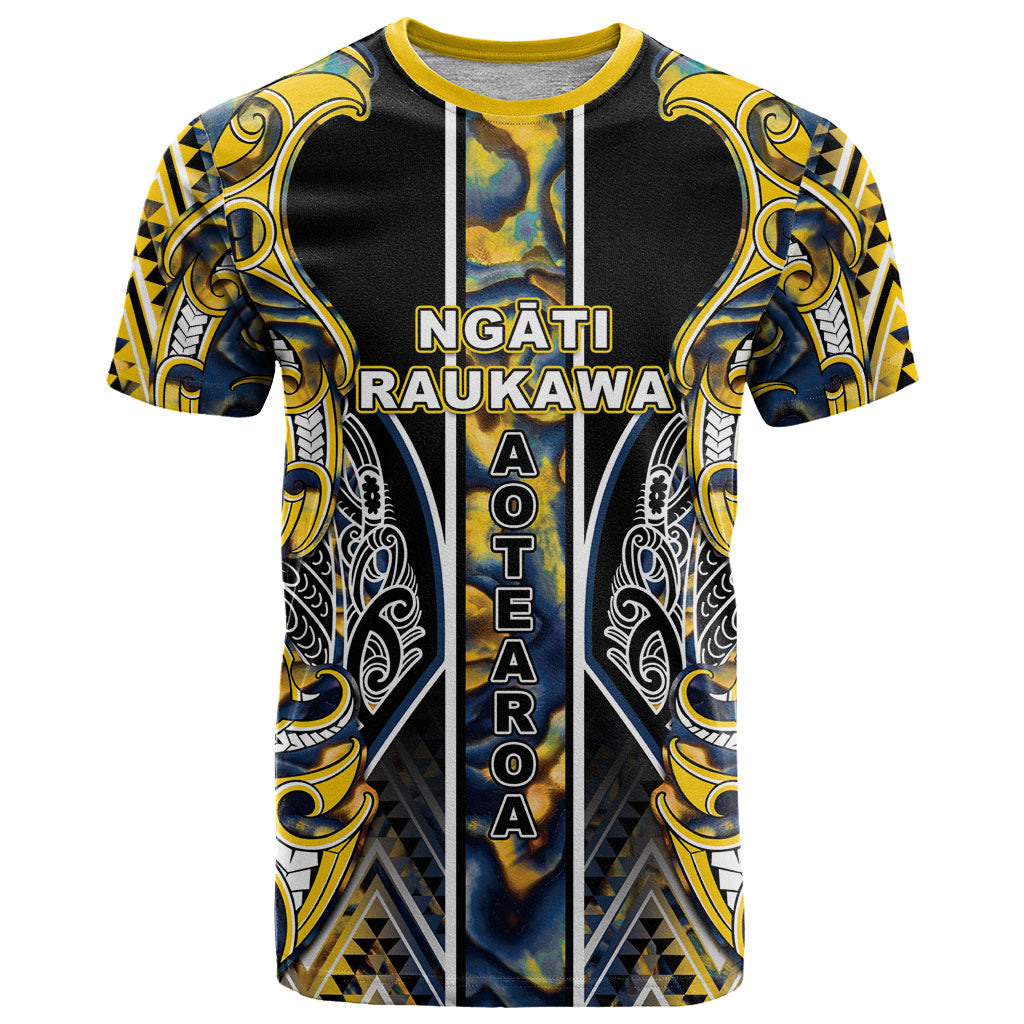 Aotearoa Ngati Raukawa T Shirt Maori Tribal Yellow And Navy Paua Shell Pattern